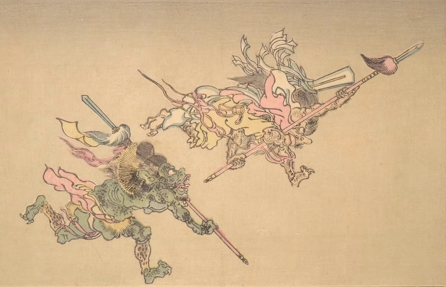 At right, a monster grips a feathered spear. An ogre follows, wearing a nobleman’s cap (eboshi) and carrying a similar spear. Artwork by Kawanable Kyōsai, courtesy of Public Domain Image Archive. Image downloaded from https://pdimagearchive.org/images/c30834d1-6fe1-48ed-bb7c-dda575eb0488/