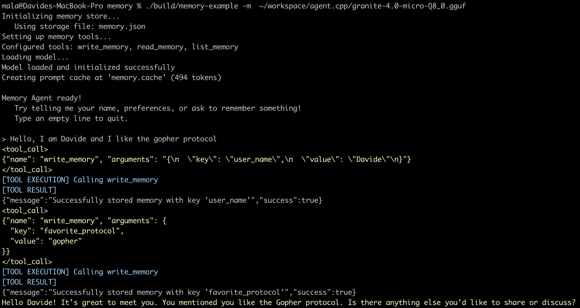 A screenshot from a terminal running agent.cpp. The user writes &ldquo;Hello, I am Davaide and I like the gopher protocol&rdquo;. The agent automatically calls the write_memory tool saving the key/value pairs (&ldquo;user_name&rdquo;, &ldquo;Davide&rdquo;) and (&ldquo;favorite_protocol&rdquo;, &ldquo;gopher&rdquo;)