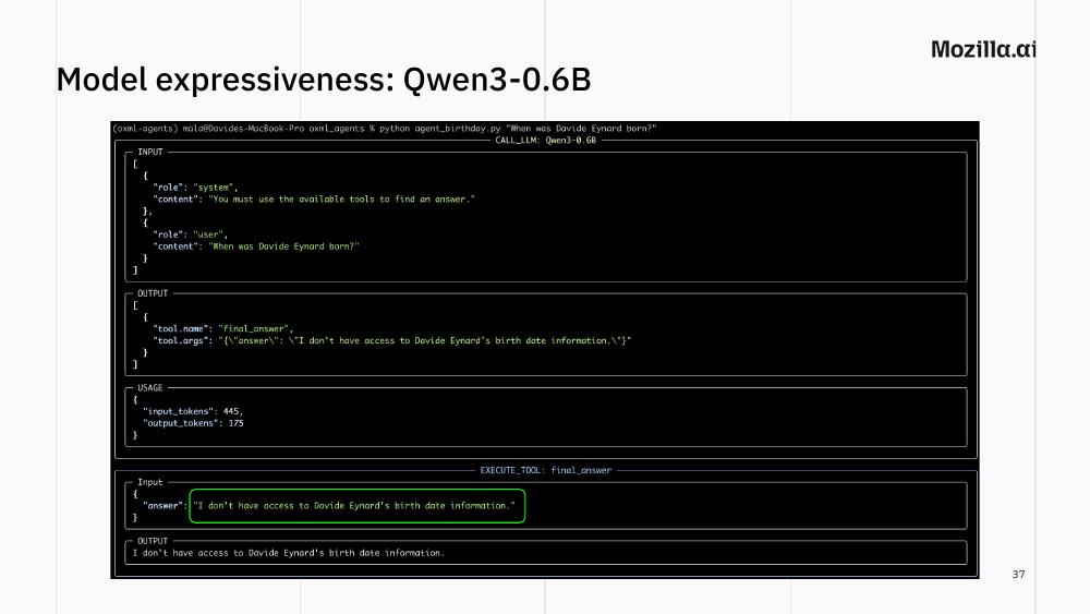 Slide 37: Qwen3-0.6B fails to use tools