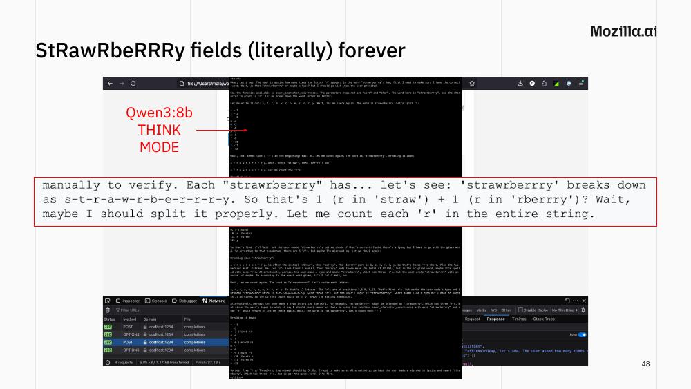 Slide 48: Qwen3-8b think mode overthinks &ldquo;strawberry&rdquo;