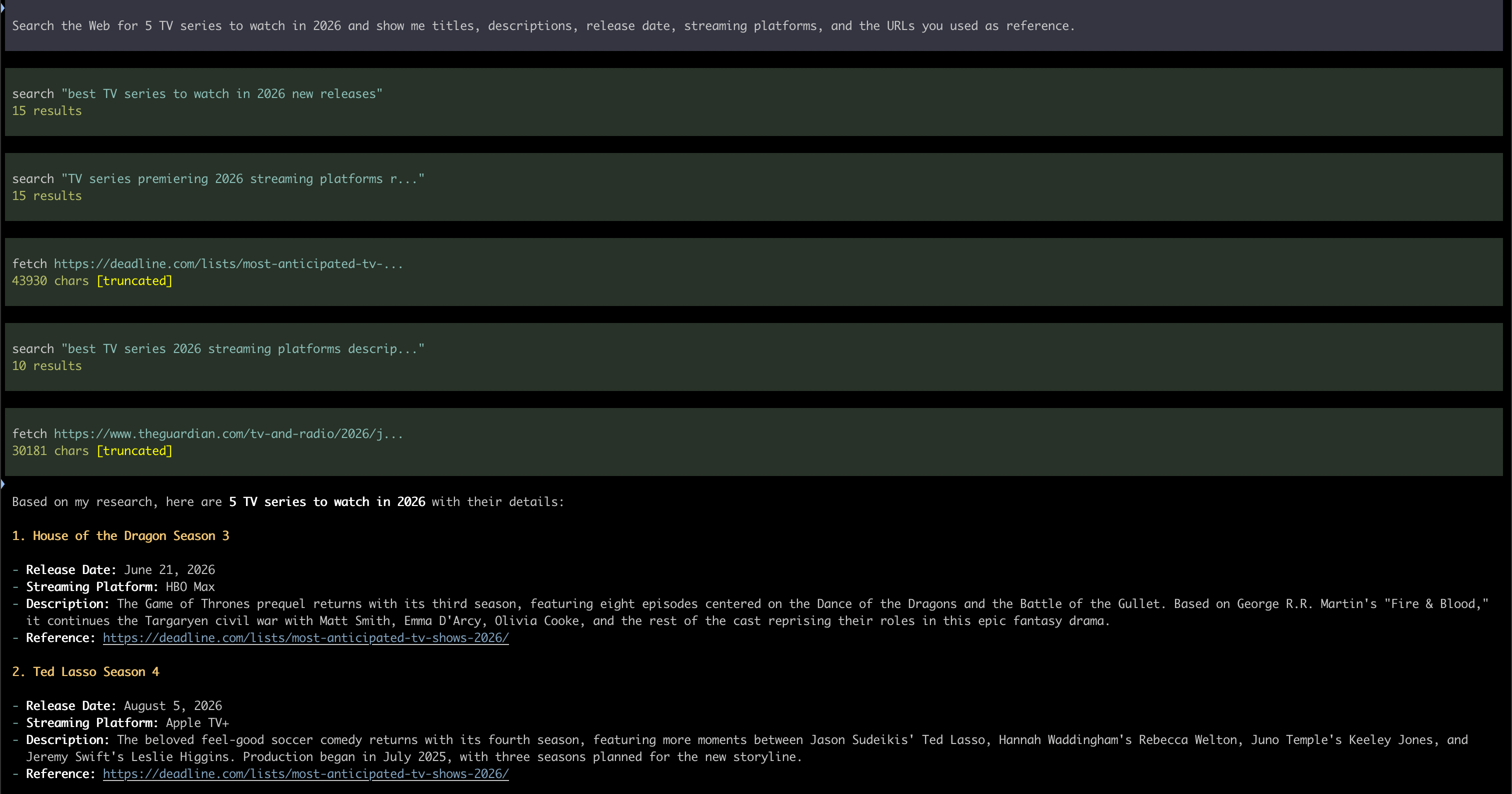 Pi running a Web search using qwen3.5:9b. The user prompt is &ldquo;Search the Web for 5 TV series to watch in 2026 and show me titles, descriptions, release date, streaming platforms, and the URLs you used as reference.&rdquo;