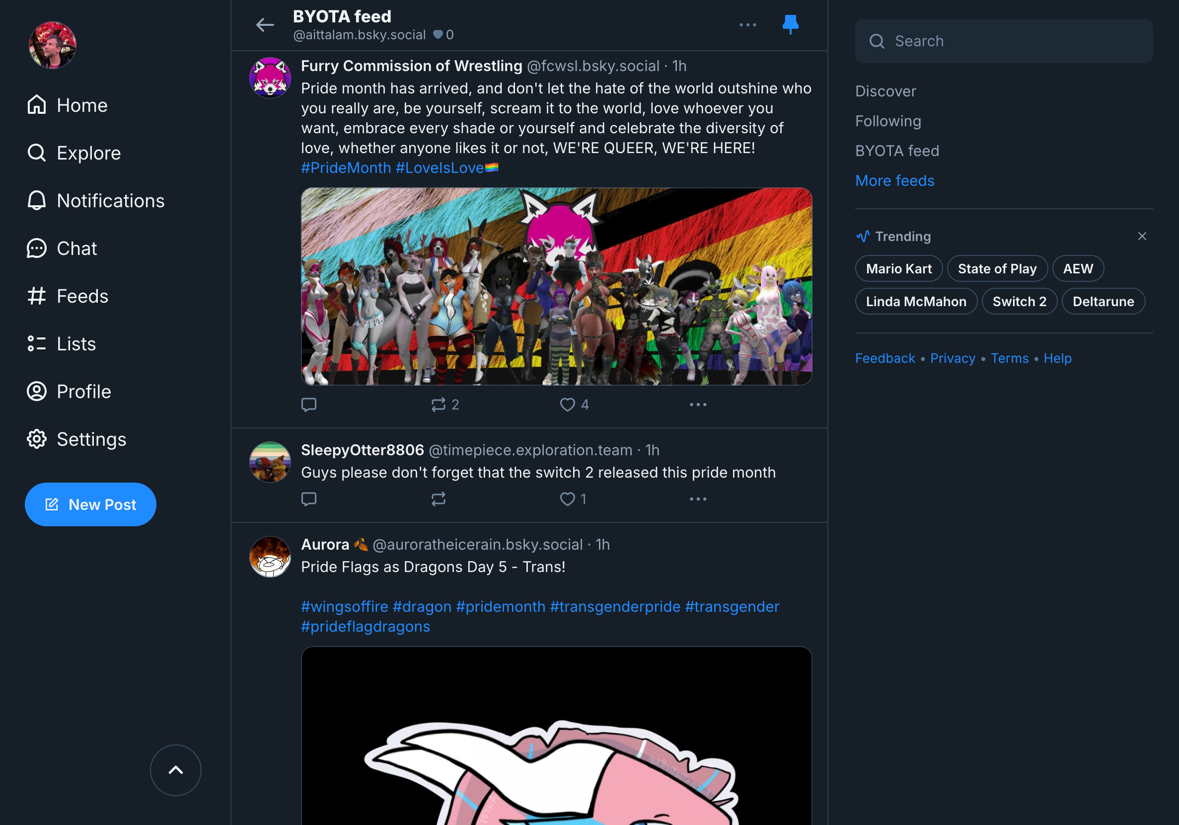 A screenshot from a bluesky feed called “BYOTA feed”. Three posts are shown taking about pride month, love, and pride flags as dragons <3