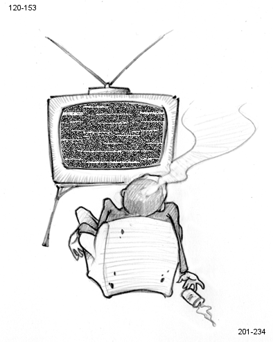 A handdrawn image of a man sitting on a couch in front of a TV showing white noise. The couch and the man are seen from behind and some smoke is coming out of the man&rsquo;s head. The man looks collapsed and a can has fallen from his right hand on the floor. The TV static does not look hand-drawn. On the top-left corner, two numbers: 120-153. On the bottom right, two more: 201-234.