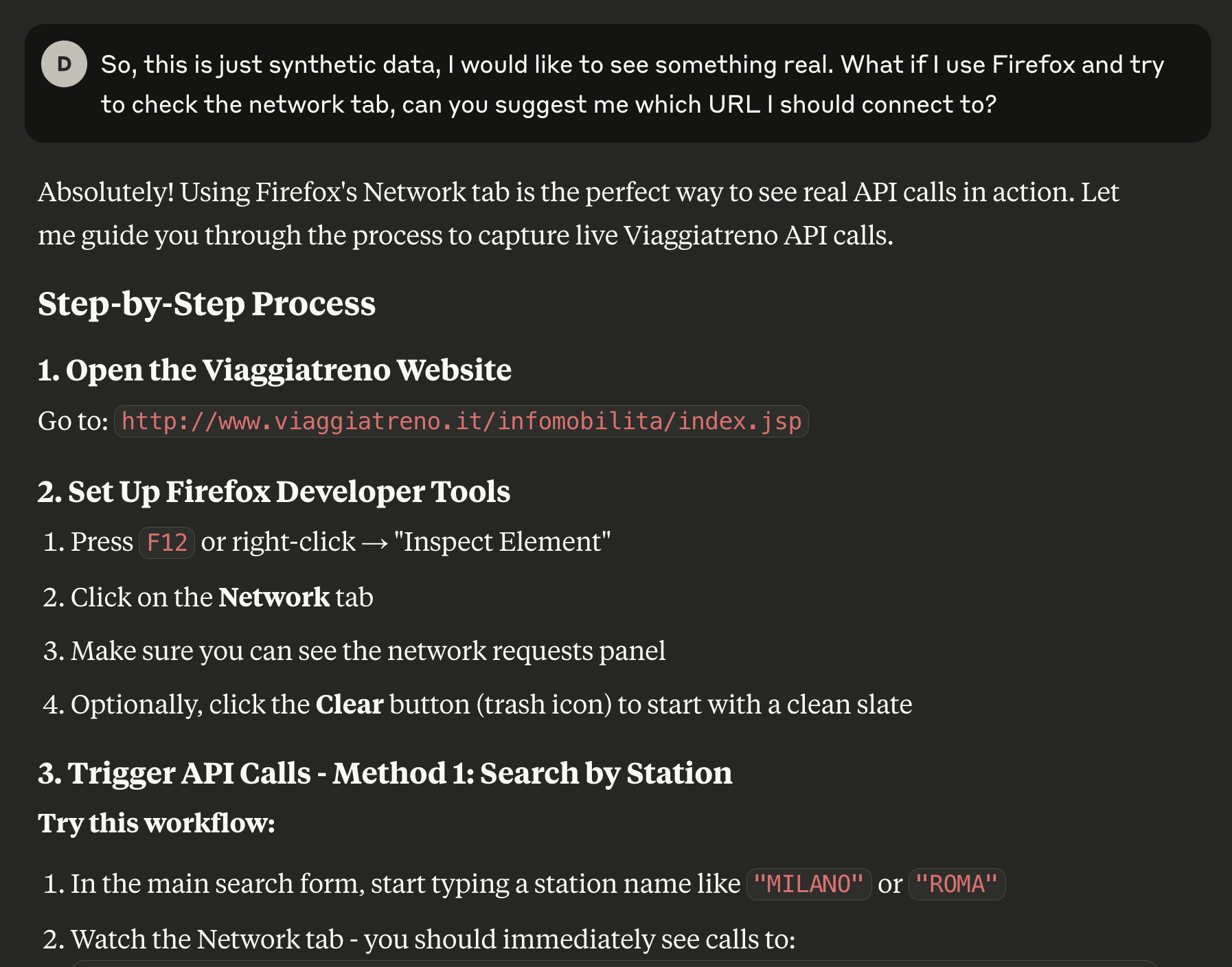 A screenshot from claude.ai where I ask “What if I use Firefox and try to check the
network tab, can you suggest me which URL I should connect to?” and the response
provide a step-by-step guide to running Firefox Developer Tools and tracking opened
URLs in the Network tab