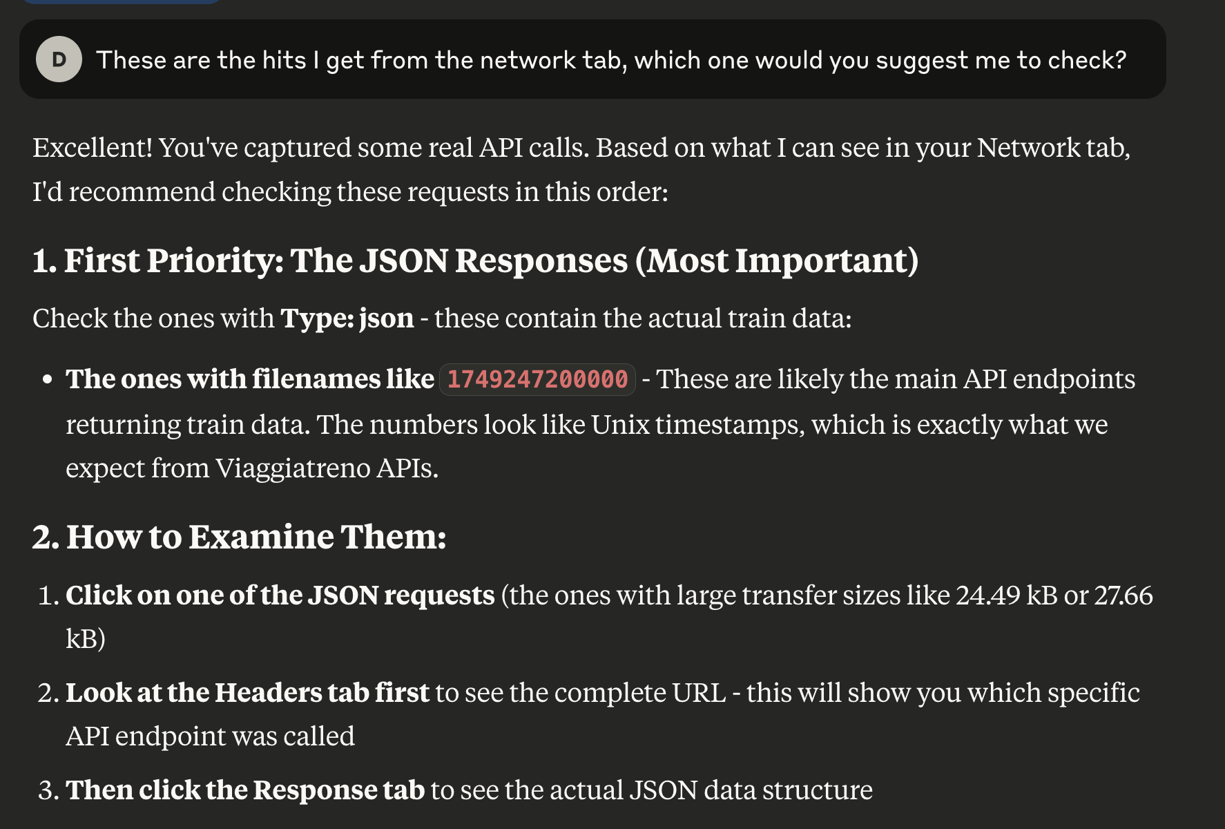 A screenshot from claude.ai where I ask “There ser the hits I get from the network
tab, which one would you suggest me to check?” and the response suggests to check
those URLs with filenames looking like Unix timestamps.
