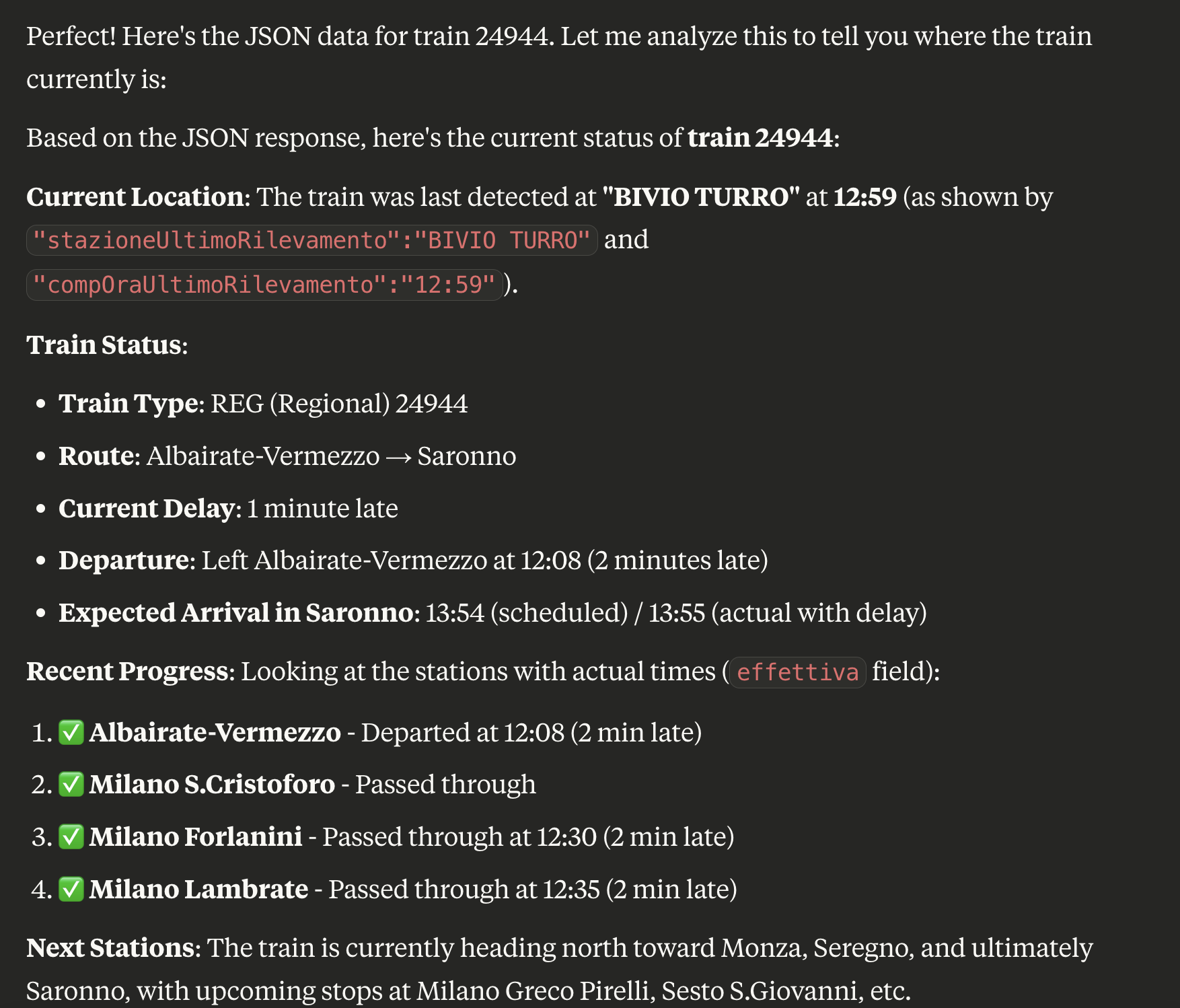 A screenshot from claude.ai with the results of the JSON analysis, showing the
current location of a train, its route, its current delay, etc.